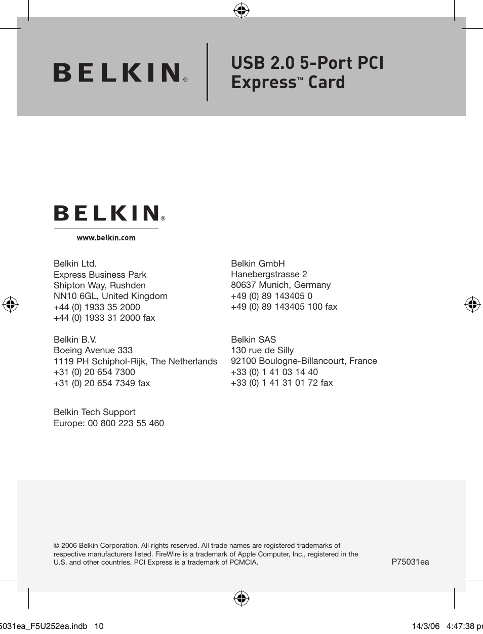 Usb 2.0 5-port pci express, Card | Belkin USB 2.0 5-Port PCI Express Card F5U252ea User Manual | Page 12 / 72