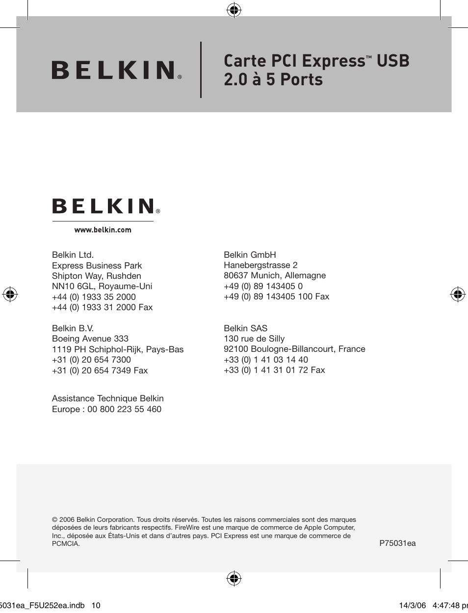 Carte pci express, Usb 2.0 à 5 ports | Belkin USB 2.0 5-Port PCI Express Card F5U252ea User Manual | Page 24 / 72