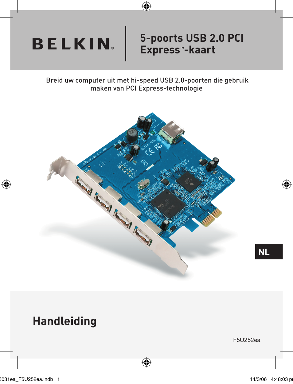 Handleiding, Poorts usb 2.0 pci express, Kaart | Belkin USB 2.0 5-Port PCI Express Card F5U252ea User Manual | Page 37 / 72