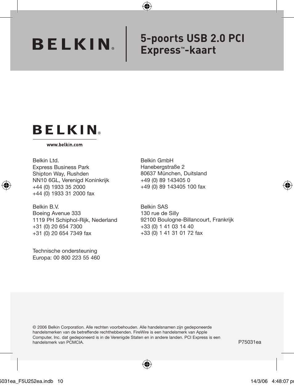 Poorts usb 2.0 pci express, Kaart | Belkin USB 2.0 5-Port PCI Express Card F5U252ea User Manual | Page 48 / 72