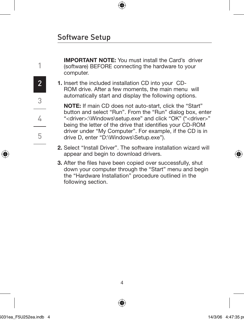 Software setup | Belkin USB 2.0 5-Port PCI Express Card F5U252ea User Manual | Page 6 / 72