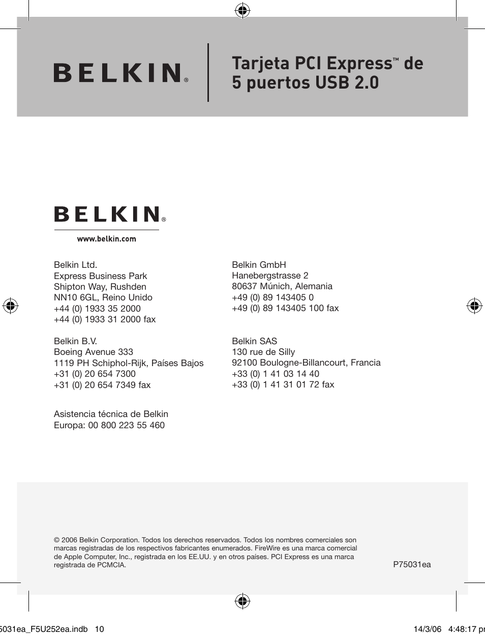 Tarjeta pci express, De 5 puertos usb 2.0 | Belkin USB 2.0 5-Port PCI Express Card F5U252ea User Manual | Page 60 / 72