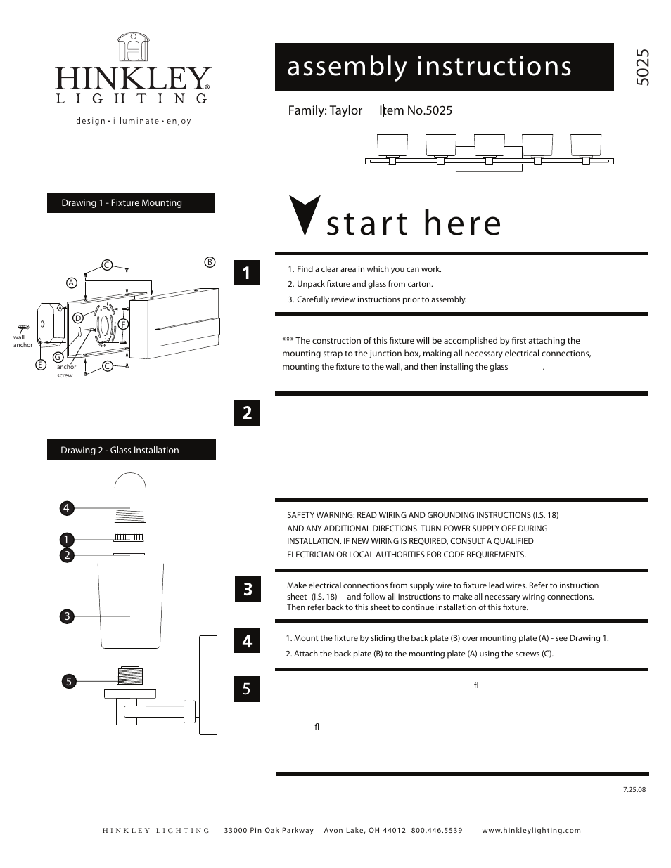 Hinkley Lighting TAYLOR 5025 User Manual | 2 pages