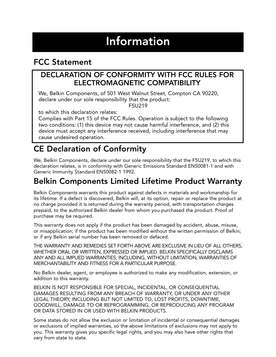 Information, Fcc statement, Ce declaration of conformity | Belkin P73941 User Manual | Page 16 / 17