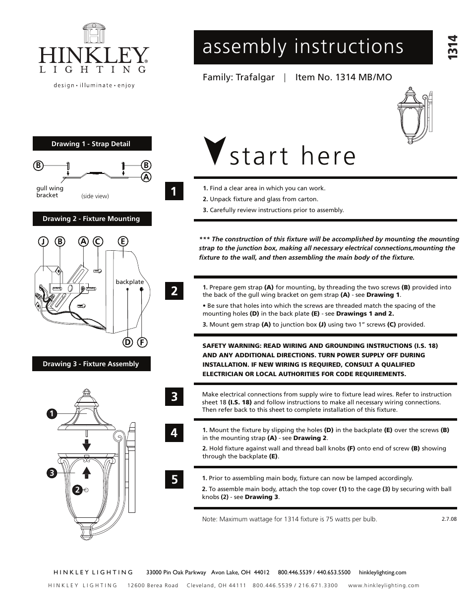 Hinkley Lighting TRAFALGAR 1314 User Manual | 2 pages