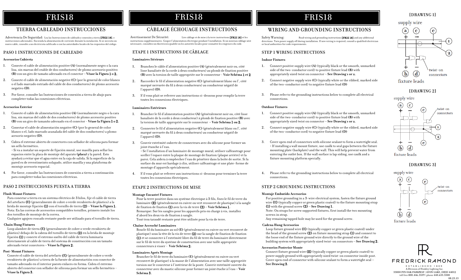 Fris18, Tierra cableado instrucciones, Câblage échouage instructions | Wiring and grounding instructions | Hinkley Lighting CORTINA FR42003PNI User Manual | Page 3 / 4