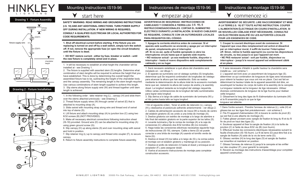 Hinkley, Start here, Commencez ici | Empezar aquí, Mounting instructions is19-96 | Hinkley Lighting MERCER 3653HB User Manual | Page 2 / 3
