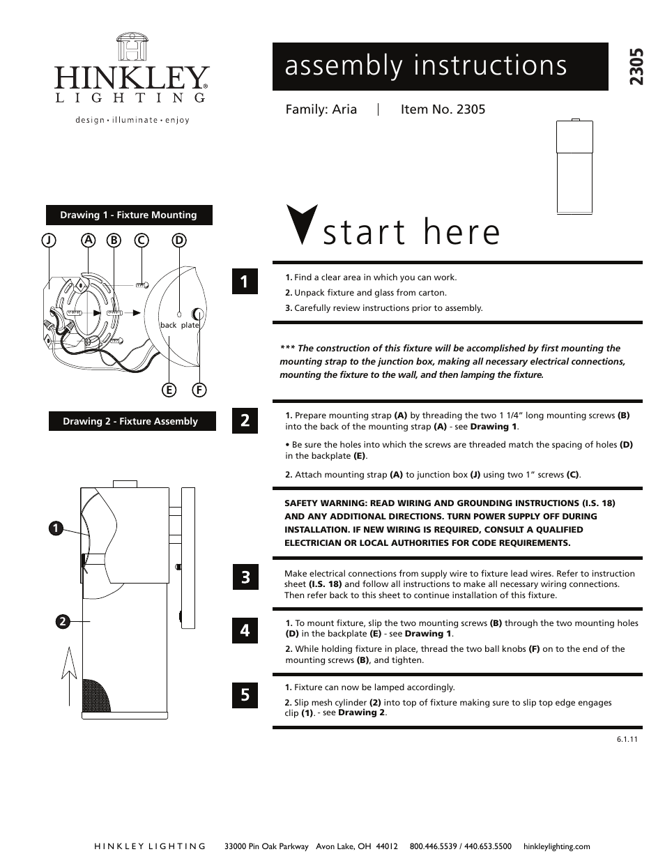 Hinkley Lighting ARIA 2305 User Manual | 3 pages