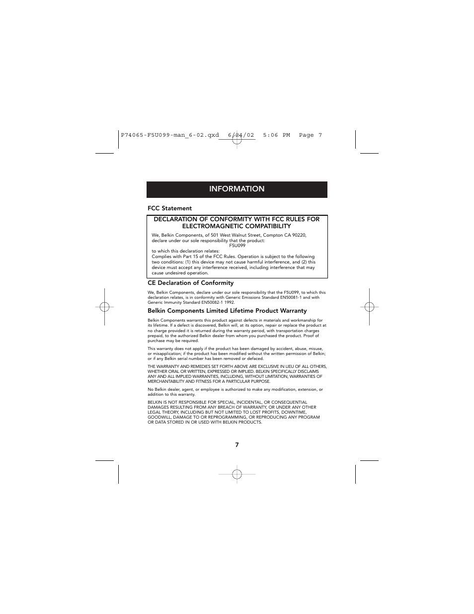 Information | Belkin F5U099 User Manual | Page 11 / 13