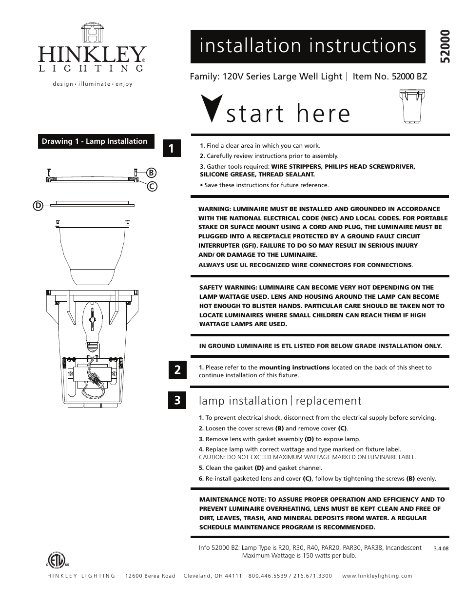 Hinkley Lighting 100W-INC LG. IN-GROUND WELL LIGHT 52000 User Manual | 2 pages