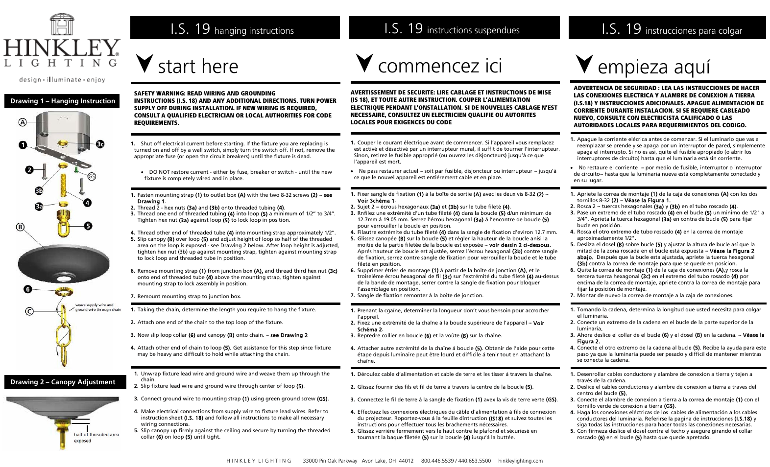 Start here, Commencez ici, Empieza aquí | I.s. 19, Hanging instructions, Instructions suspendues, Instrucciones para colgar | Hinkley Lighting RILEY 2012 User Manual | Page 2 / 3