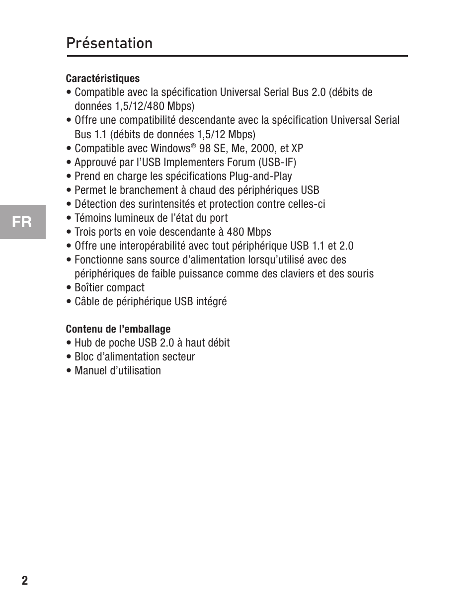Présentation, Caractéristiques, Contenu de l’emballage | Belkin F5U217 User Manual | Page 18 / 64