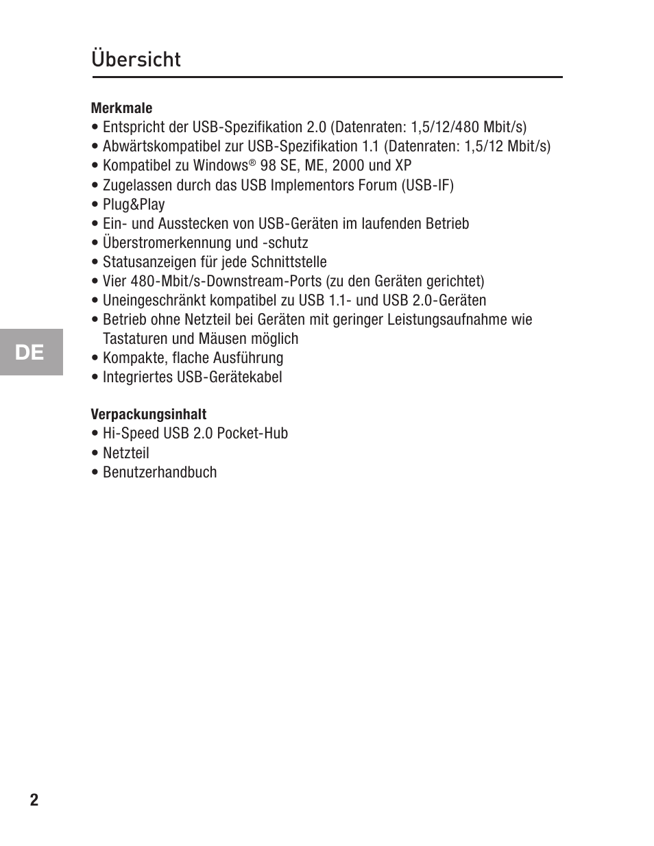 Übersicht, Merkmale, Verpackungsinhalt | Belkin F5U217 User Manual | Page 28 / 64