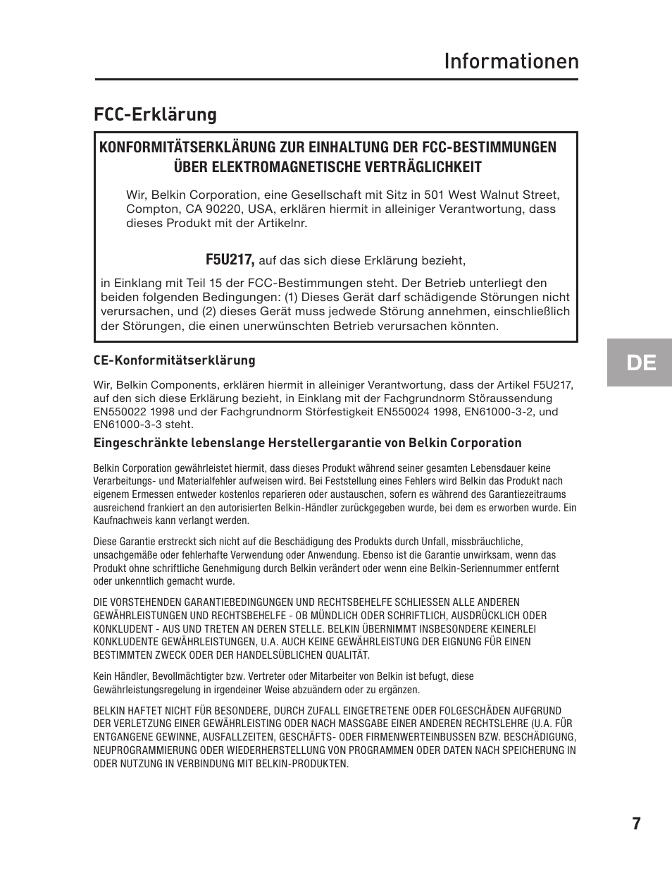 Informationen, Fcc-erklärung | Belkin F5U217 User Manual | Page 33 / 64