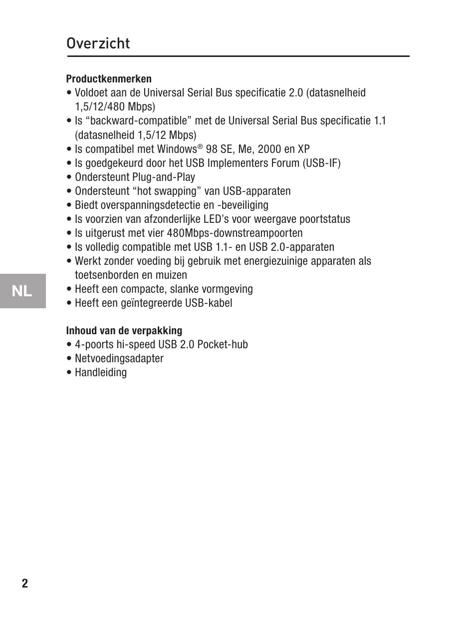 Overzicht, Productkenmerken, Inhoud van de verpakking | Belkin F5U217 User Manual | Page 38 / 64