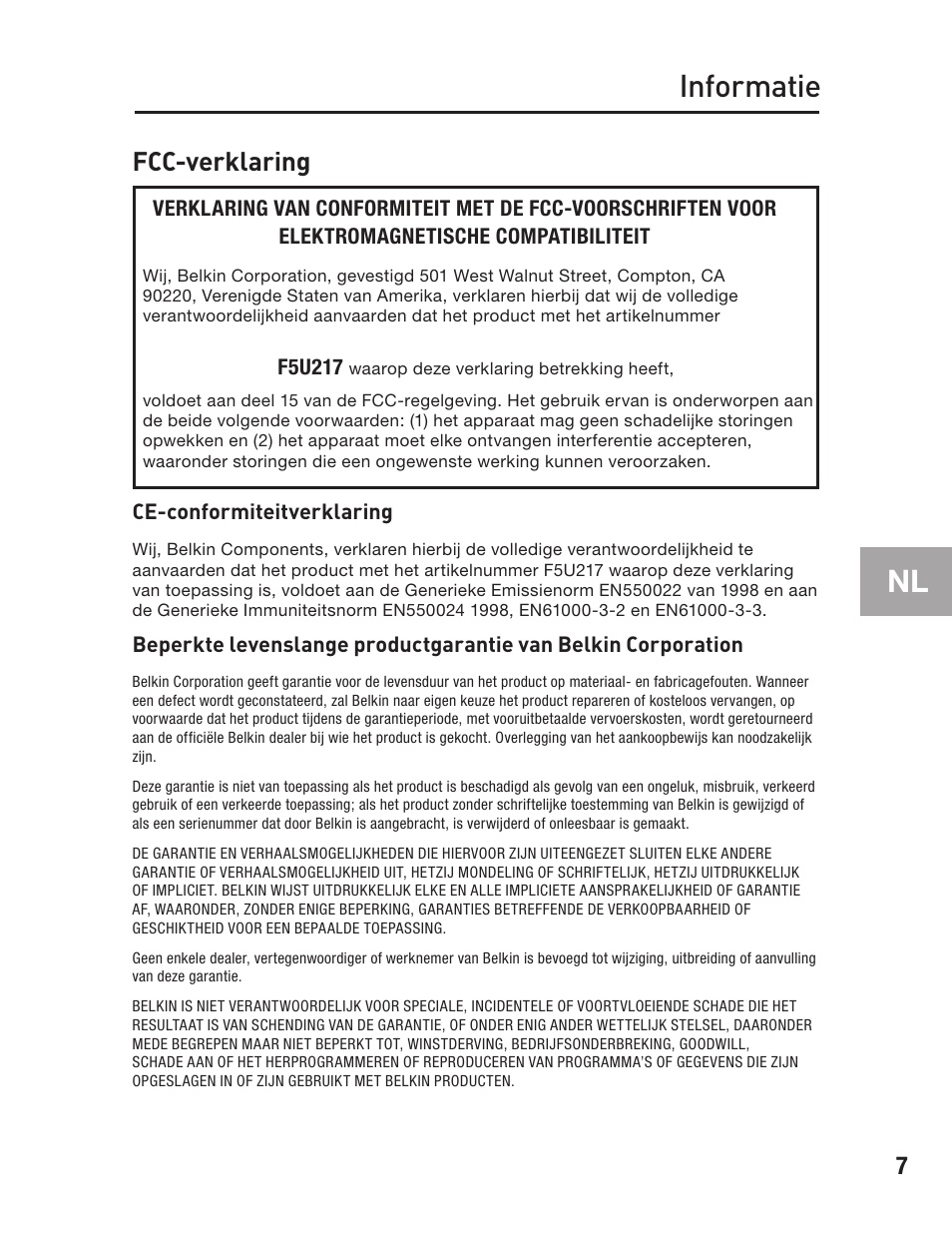 Informatie, Fcc-verklaring | Belkin F5U217 User Manual | Page 43 / 64