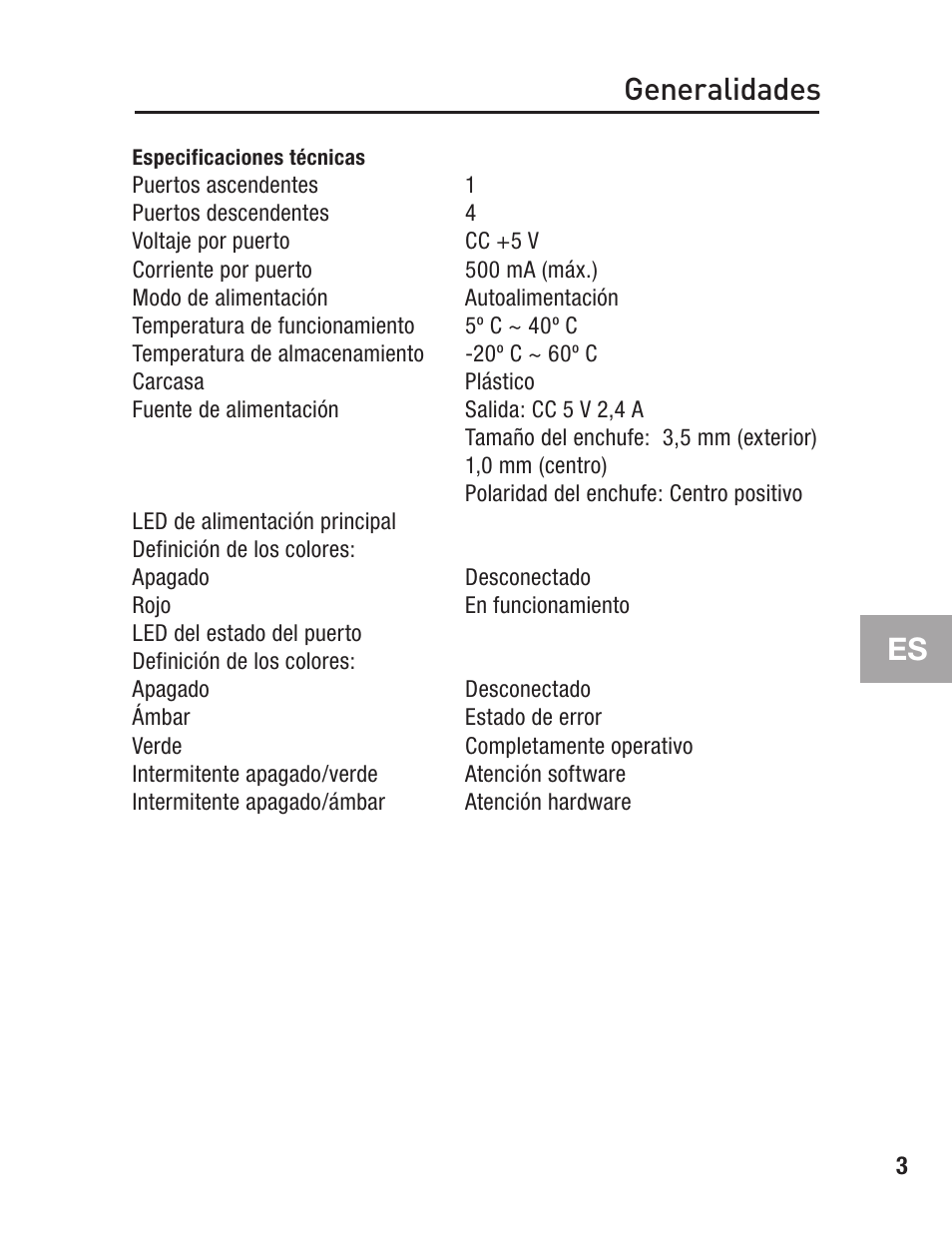 Especificaciones técnicas, Generalidades | Belkin F5U217 User Manual | Page 49 / 64