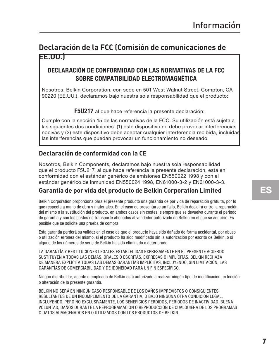 Información | Belkin F5U217 User Manual | Page 53 / 64