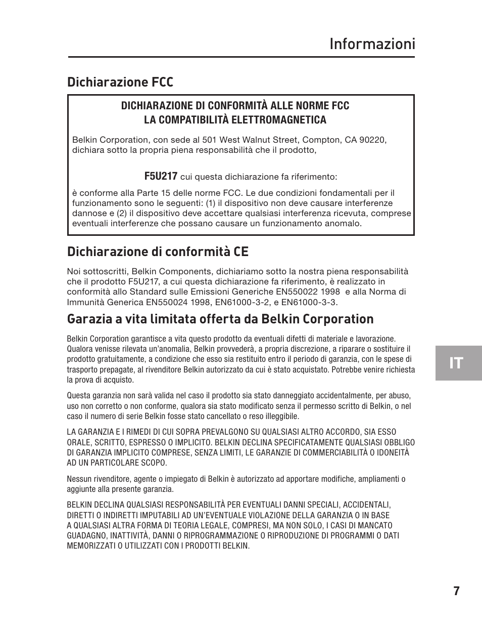 Informazioni, Dichiarazione fcc, Dichiarazione di conformità ce | Belkin F5U217 User Manual | Page 63 / 64