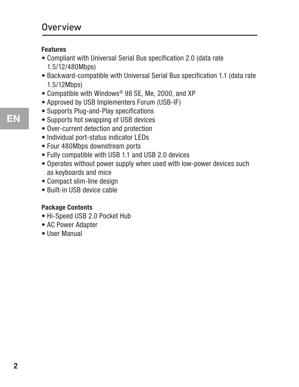 Overview, Features, Package contents | Belkin F5U217 User Manual | Page 8 / 64