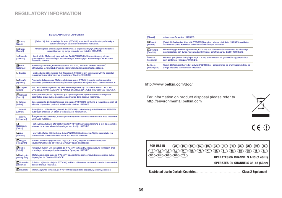 Regulatory information | Belkin PLAY MAX 8820ED00378_F7D4301_V1 User Manual | Page 39 / 40