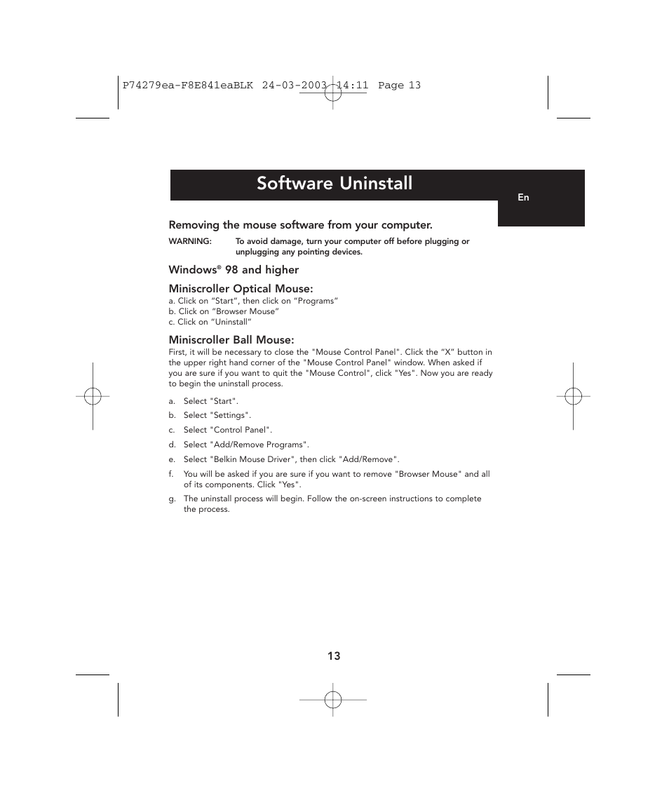 Software uninstall | Belkin P74279ea User Manual | Page 13 / 76