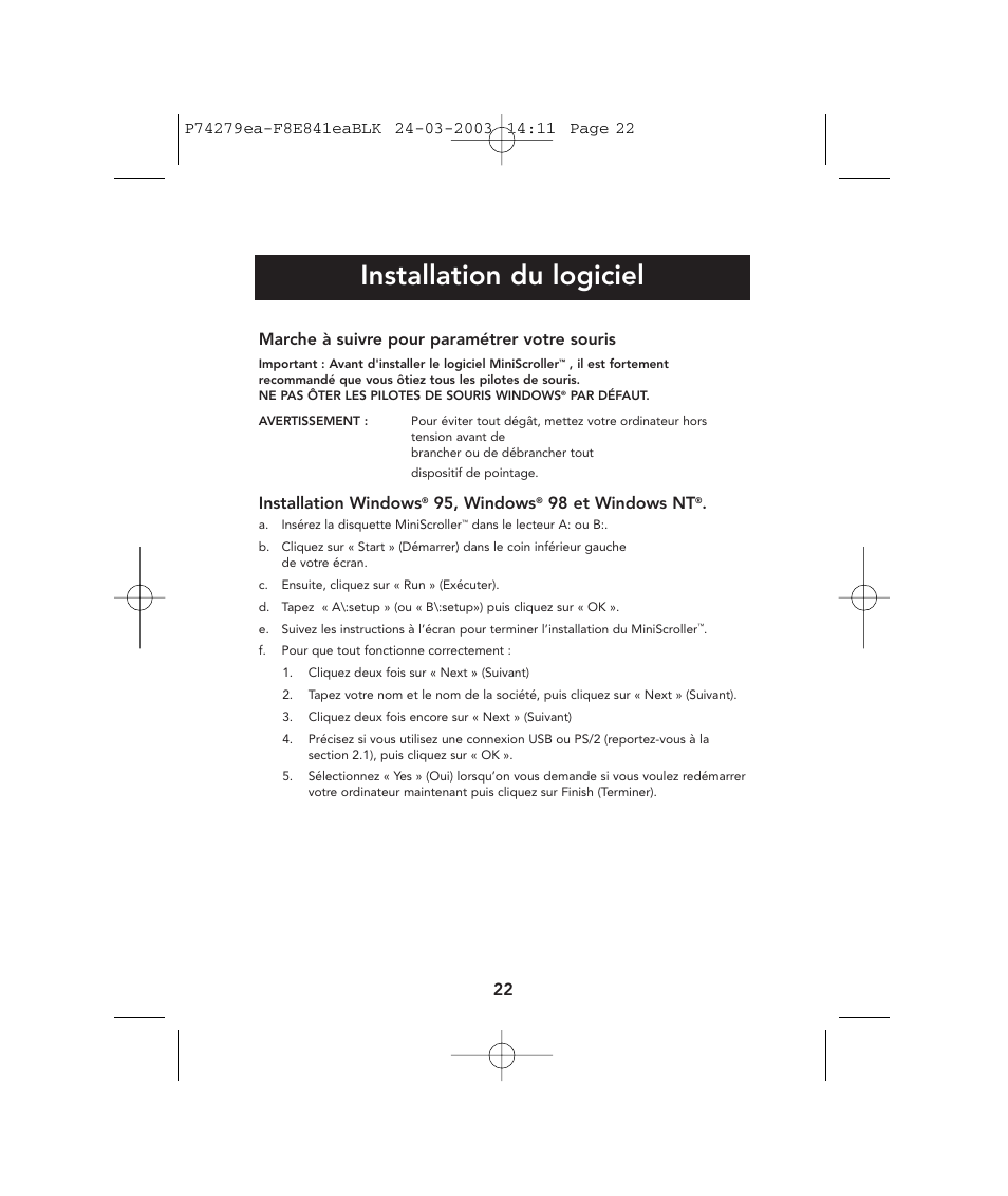 Installation du logiciel, Marche à suivre pour paramétrer votre souris, Installation windows | 95, windows, 98 et windows nt | Belkin P74279ea User Manual | Page 22 / 76