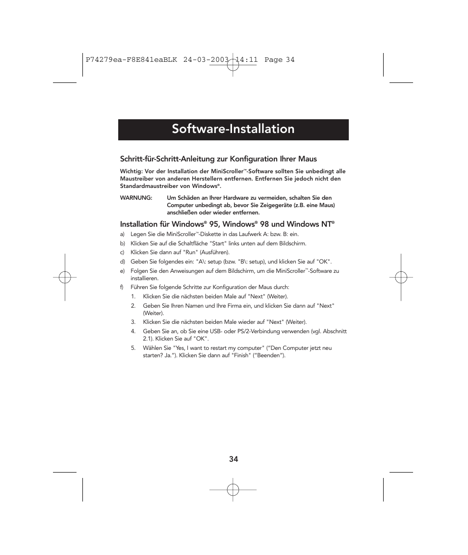 Software-installation, Installation für windows, 95, windows | 98 und windows nt | Belkin P74279ea User Manual | Page 34 / 76