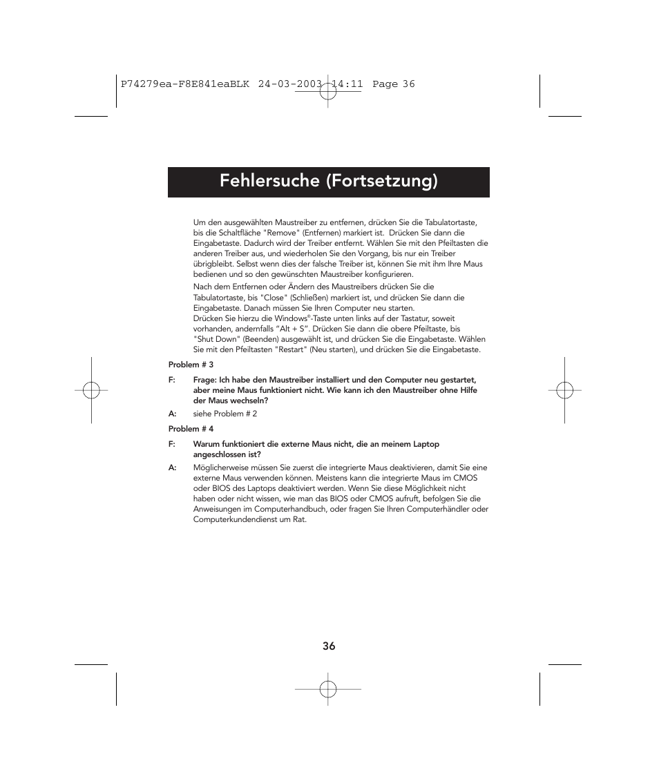 Fehlersuche (fortsetzung) | Belkin P74279ea User Manual | Page 36 / 76