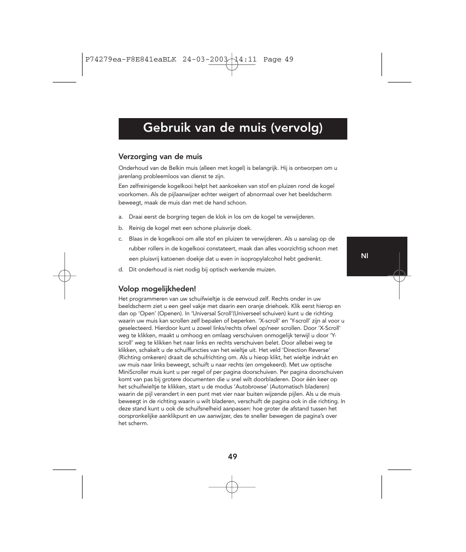 Gebruik van de muis (vervolg) | Belkin P74279ea User Manual | Page 49 / 76