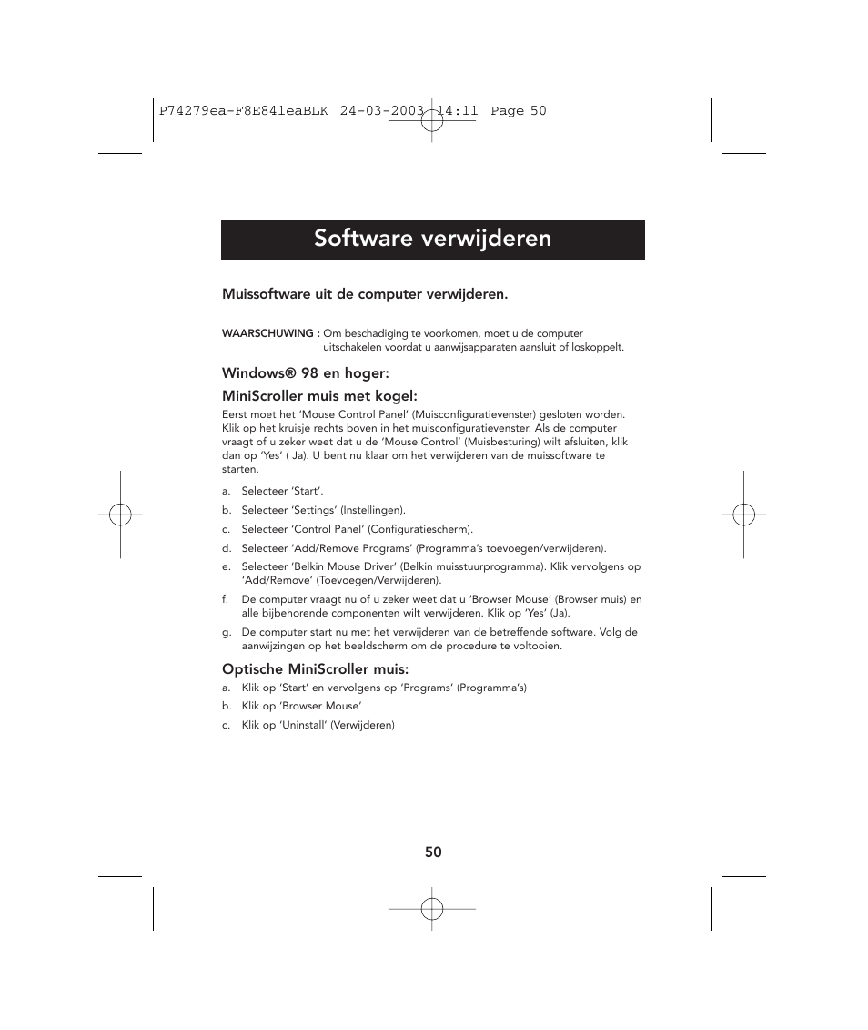 Software verwijderen | Belkin P74279ea User Manual | Page 50 / 76