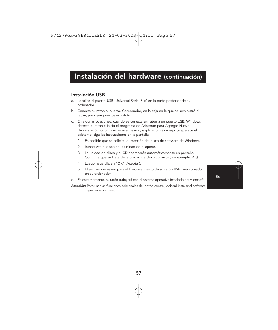 Instalación del hardware, Continuación) | Belkin P74279ea User Manual | Page 57 / 76
