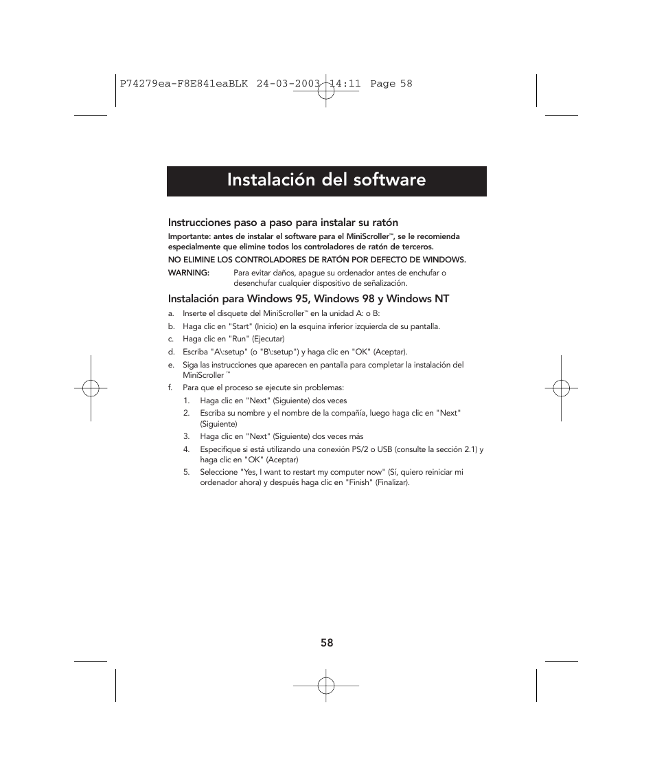 Instalación del software, Instrucciones paso a paso para instalar su ratón | Belkin P74279ea User Manual | Page 58 / 76