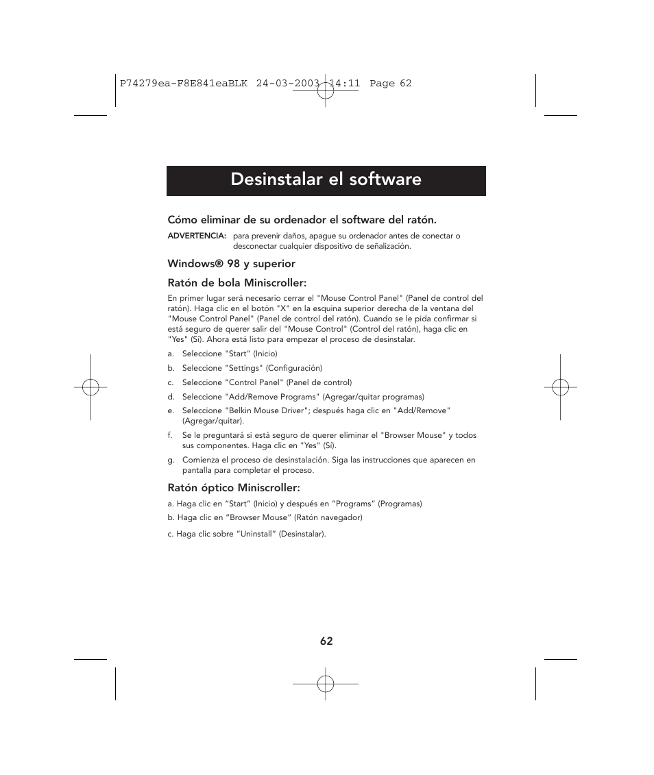 Desinstalar el software | Belkin P74279ea User Manual | Page 62 / 76
