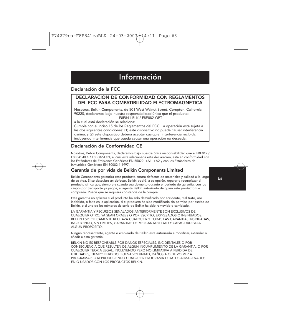 Información | Belkin P74279ea User Manual | Page 63 / 76