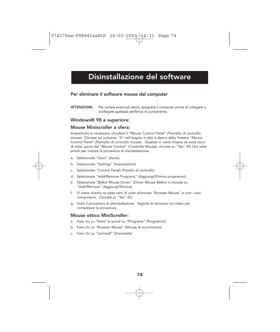Disinstallazione del software | Belkin P74279ea User Manual | Page 74 / 76