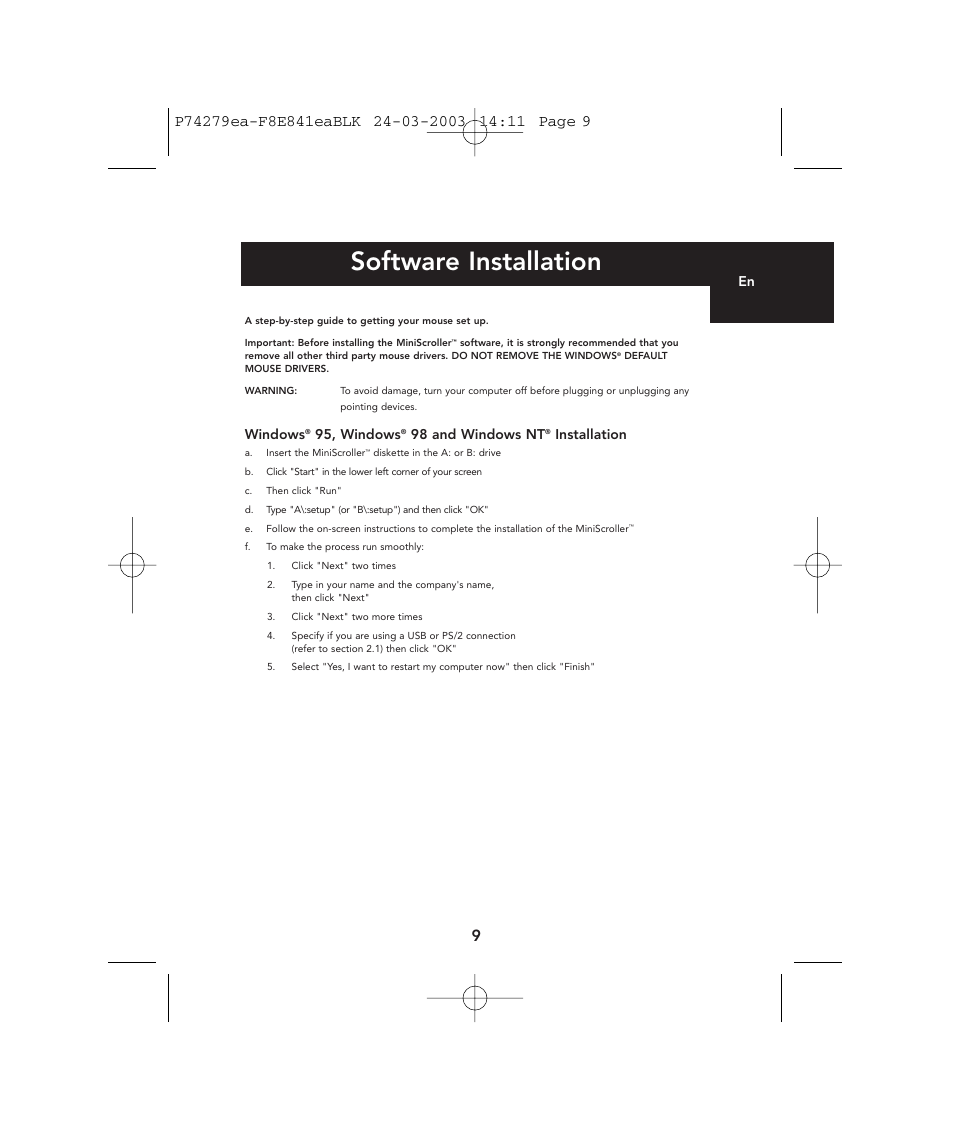 Software installation, Windows, 95, windows | 98 and windows nt, Installation | Belkin P74279ea User Manual | Page 9 / 76