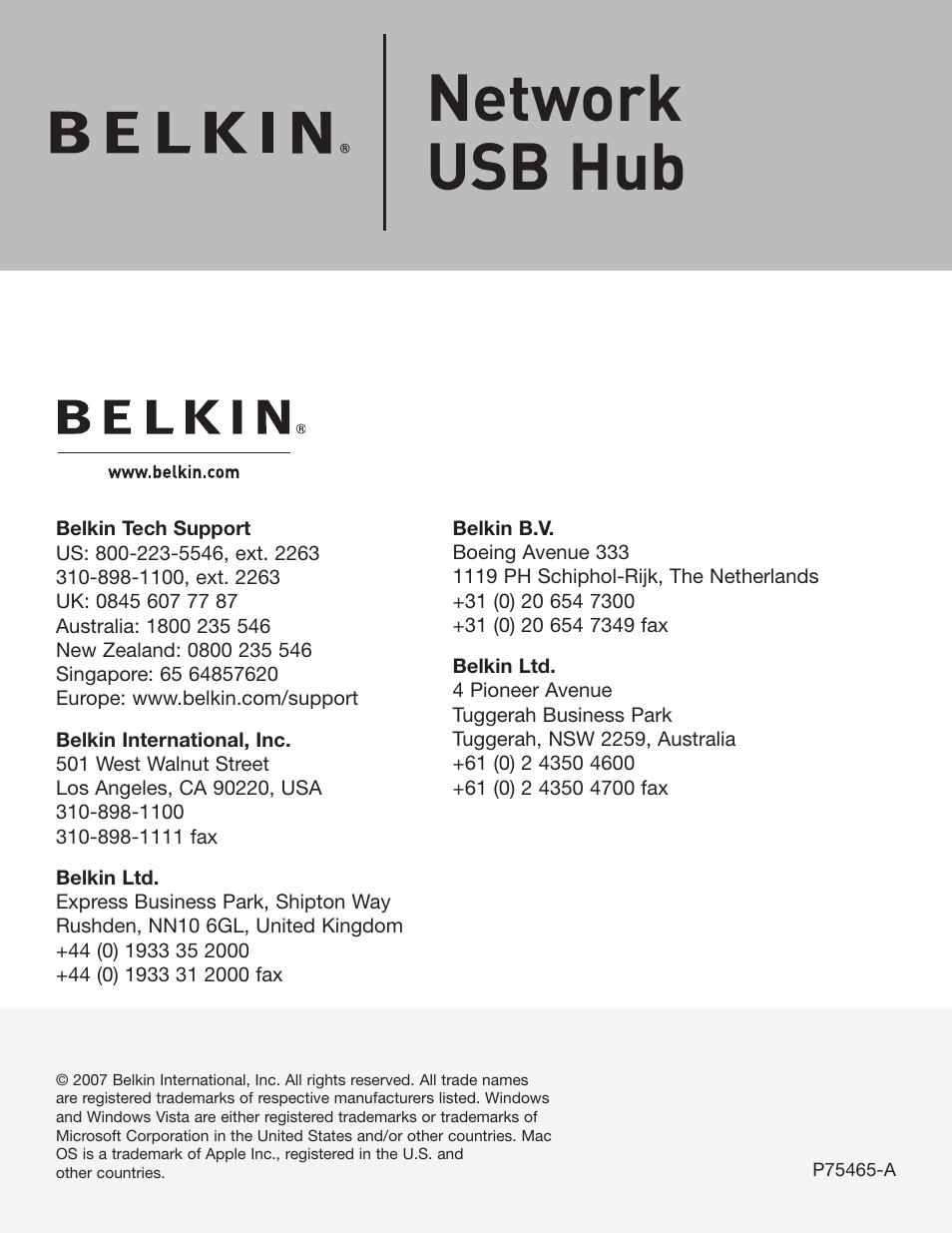 Belkin Network USB Hub P75465-A User Manual | 23 pages