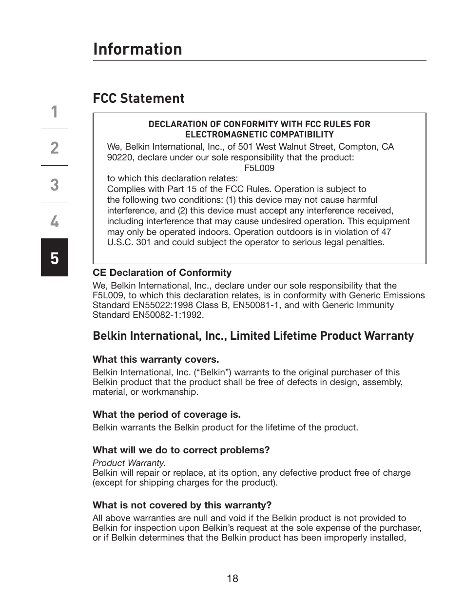 Fcc statement | Belkin Network USB Hub P75465-A User Manual | Page 21 / 23