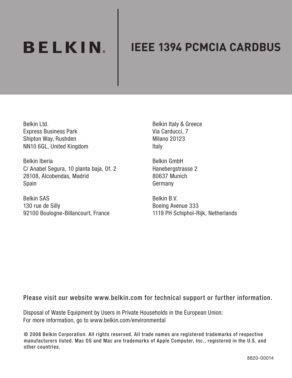 Ieee 1394 pcmcia cardbus | Belkin IEEE 1394 PCMCIA Cardbus F4U011 User Manual | Page 7 / 7