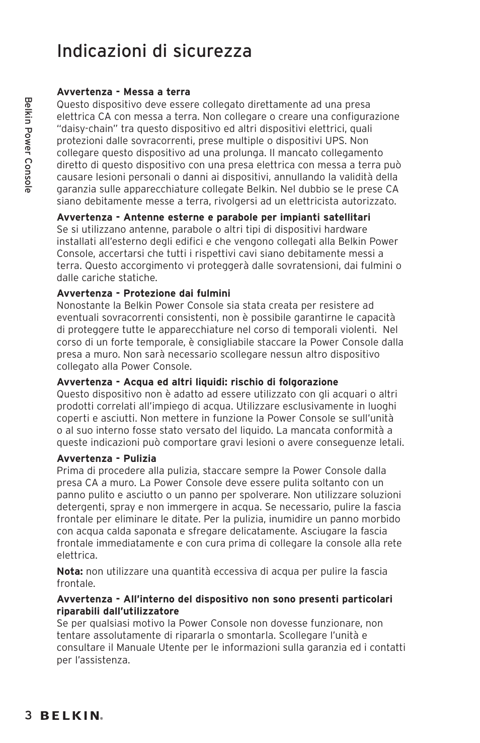 Indicazioni di sicurezza | Belkin AP20500EA3M User Manual | Page 104 / 120