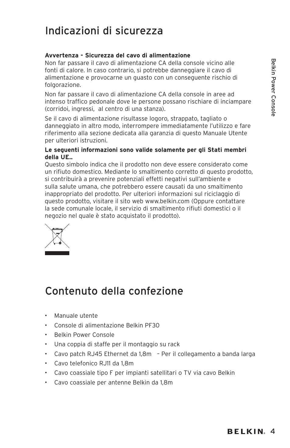 Indicazioni di sicurezza, Contenuto della confezione | Belkin AP20500EA3M User Manual | Page 105 / 120