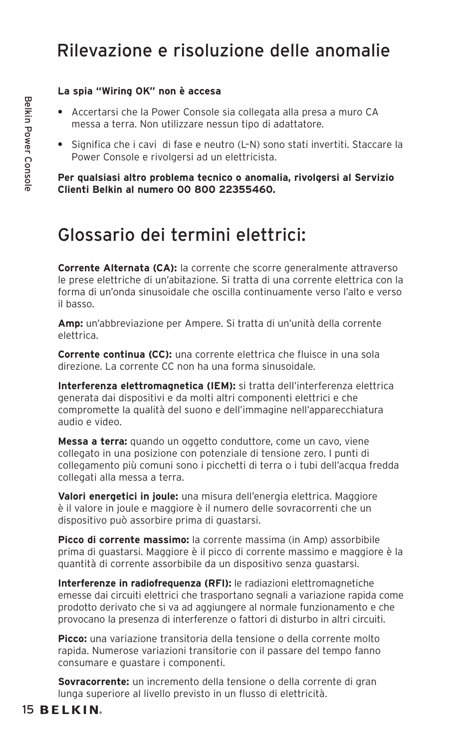 Rilevazione e risoluzione delle anomalie, Glossario dei termini elettrici | Belkin AP20500EA3M User Manual | Page 116 / 120