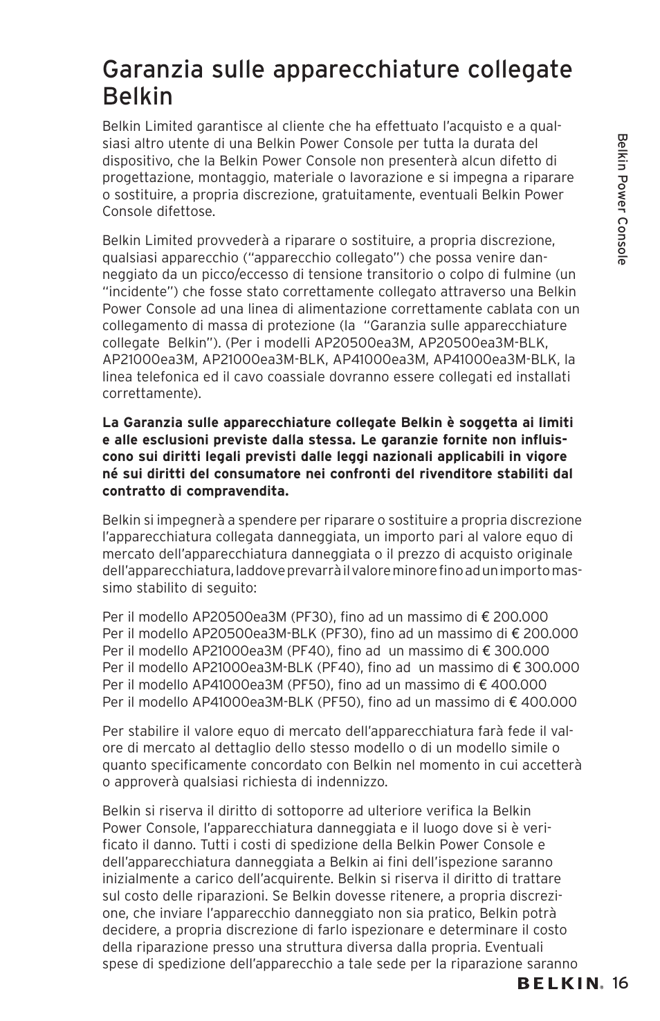 Garanzia sulle apparecchiature collegate belkin | Belkin AP20500EA3M User Manual | Page 117 / 120