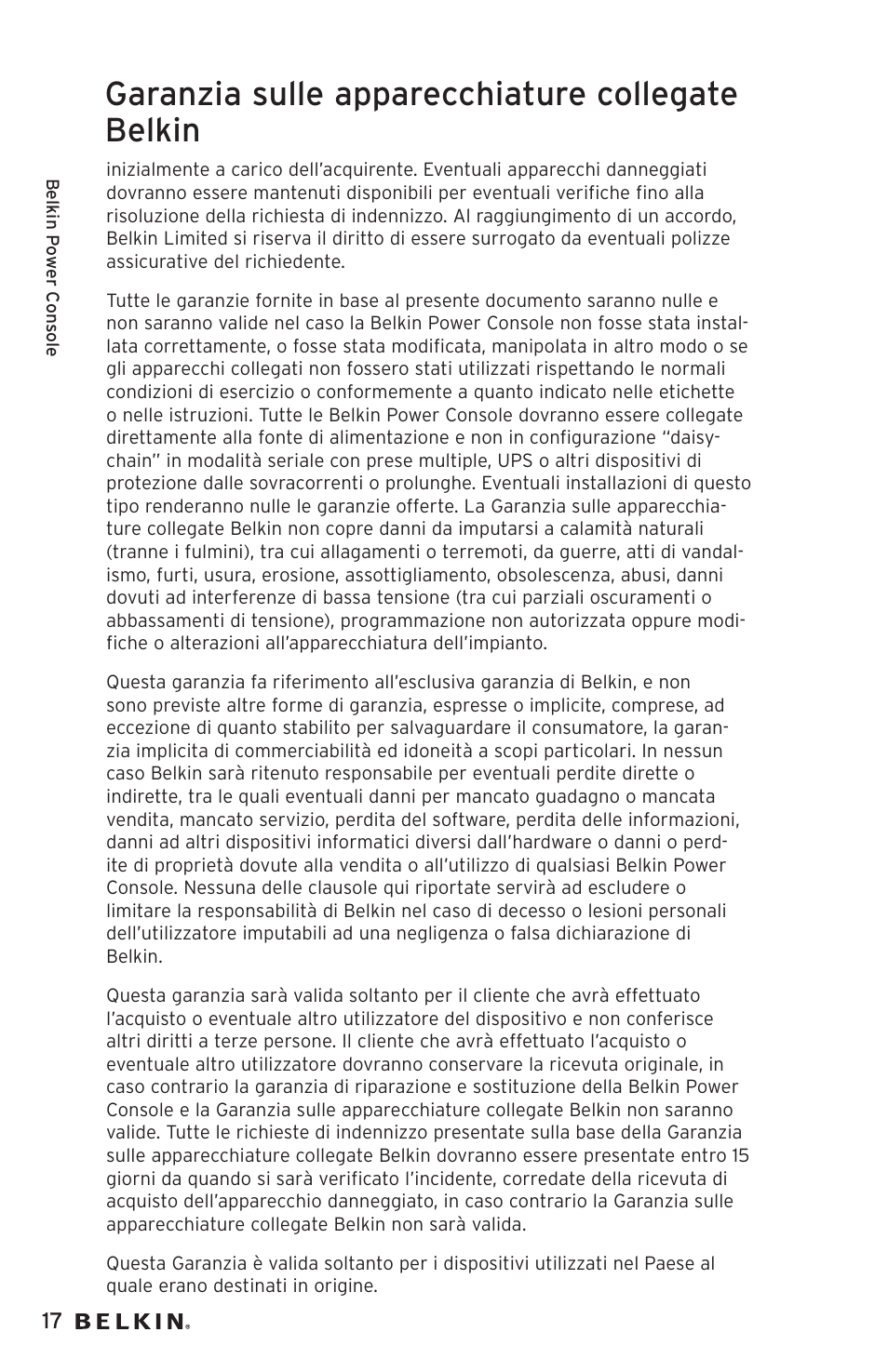 Garanzia sulle apparecchiature collegate belkin | Belkin AP20500EA3M User Manual | Page 118 / 120