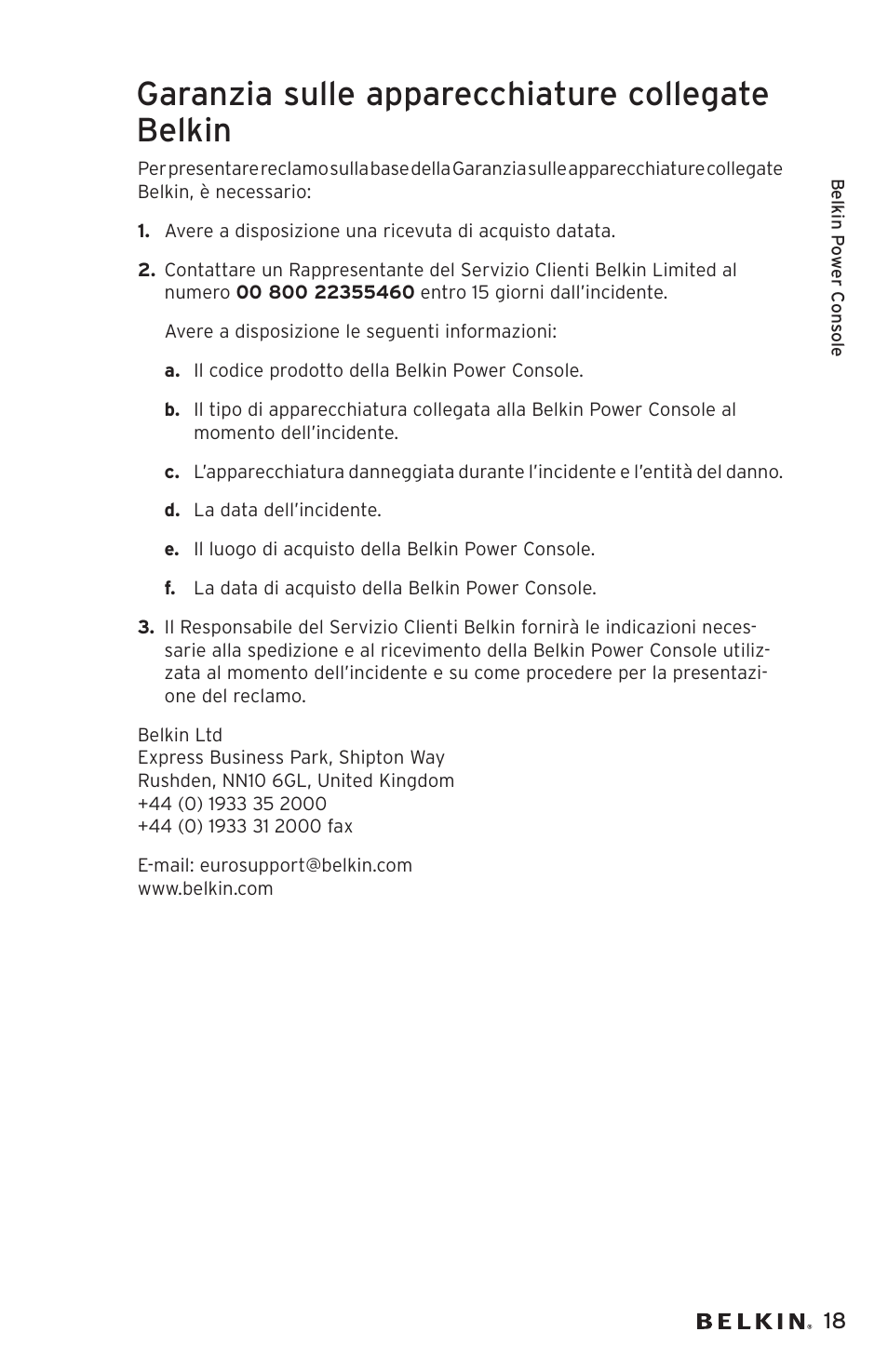 Garanzia sulle apparecchiature collegate belkin | Belkin AP20500EA3M User Manual | Page 119 / 120