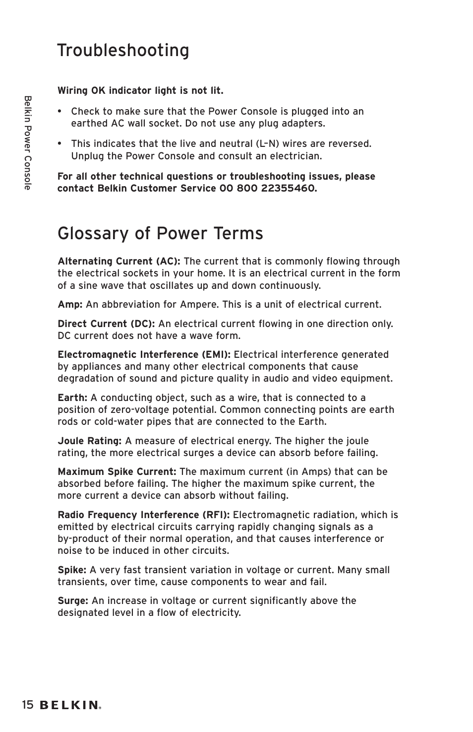 Troubleshooting, Glossary of power terms | Belkin AP20500EA3M User Manual | Page 16 / 120