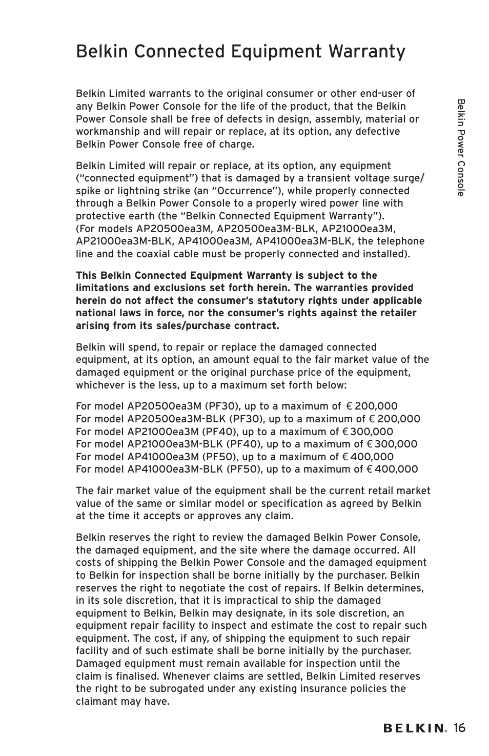 Belkin connected equipment warranty | Belkin AP20500EA3M User Manual | Page 17 / 120