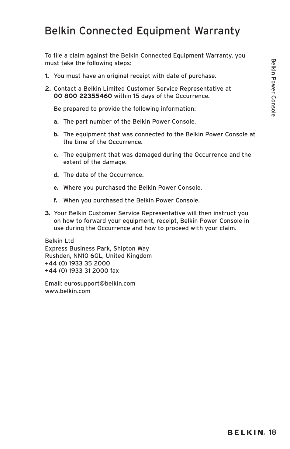 Belkin connected equipment warranty | Belkin AP20500EA3M User Manual | Page 19 / 120