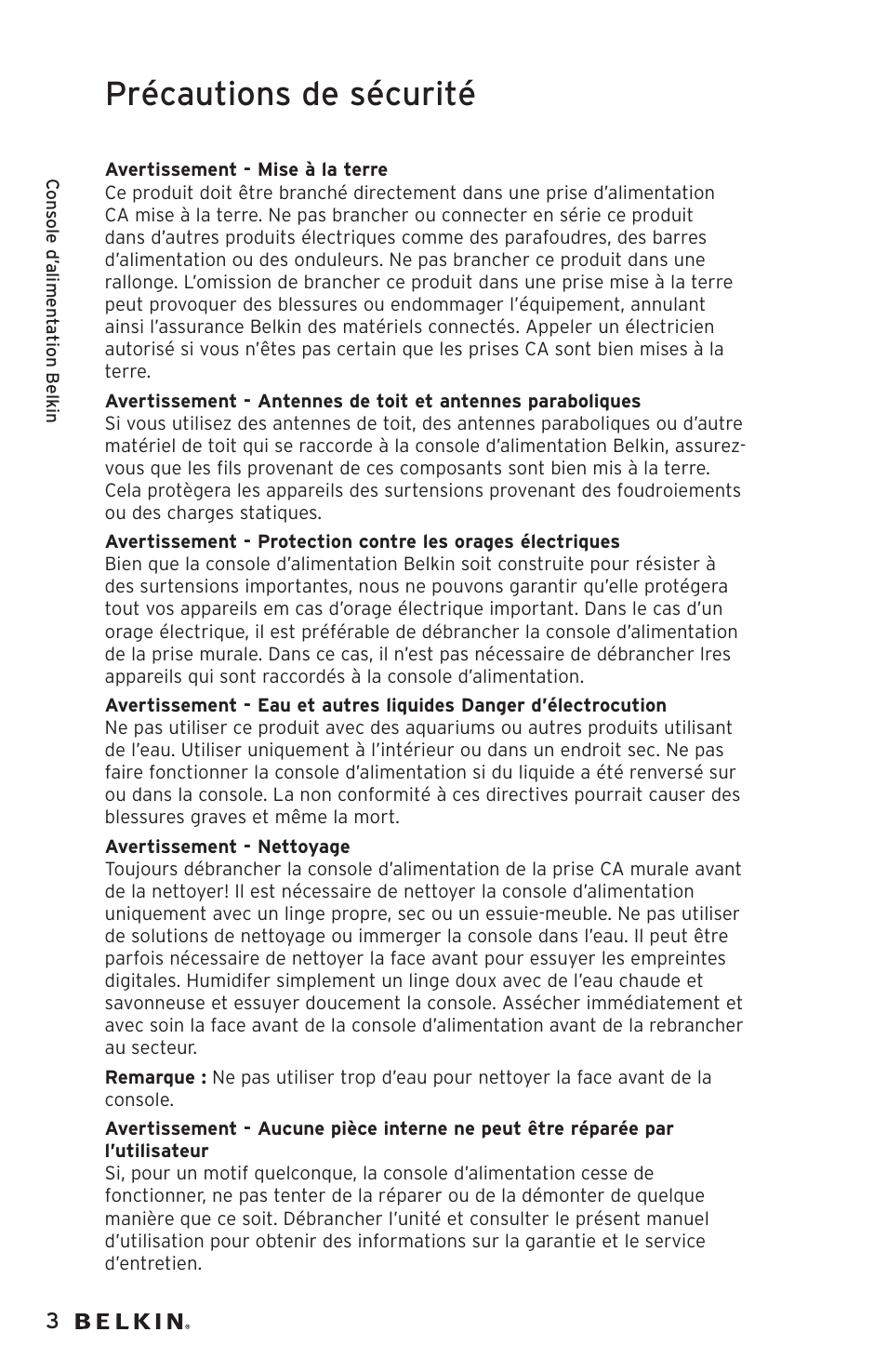 Précautions de sécurité | Belkin AP20500EA3M User Manual | Page 24 / 120